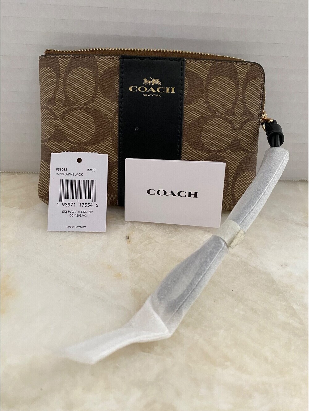 COACH WOMENS Signature PVC Leather Corner Zip Wristlet Khaki Black Leather Wrist